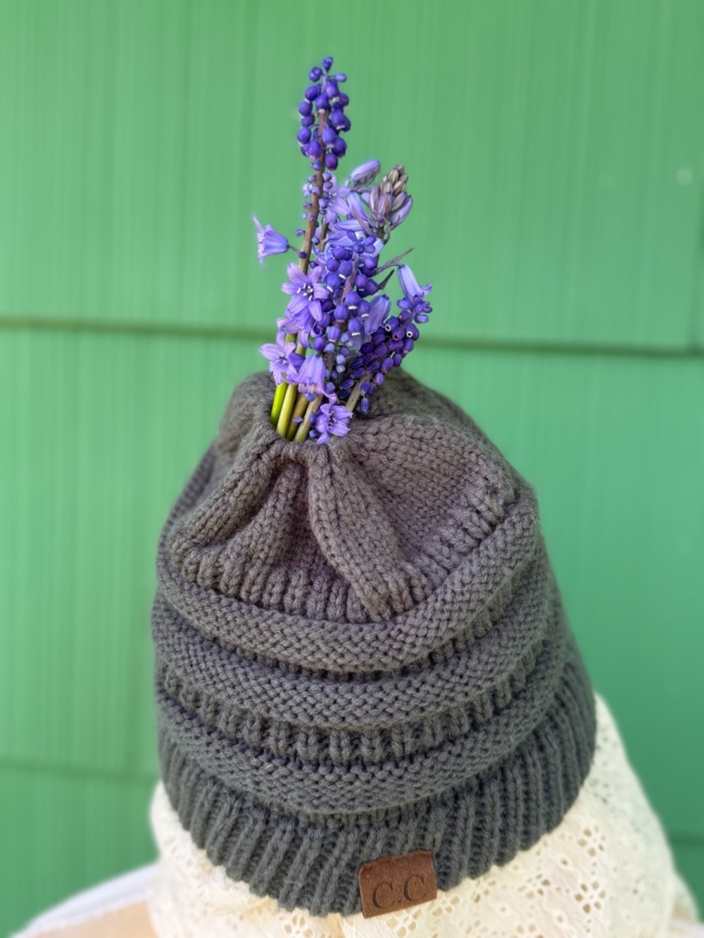 C.C Gray Knit Beanie with Ponytail Hole - Picture 4 of 4